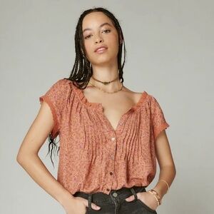 Lucky Brand Printed Button Front Peasant Top